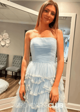 Mabel | A Line Sparkly Tiered Ruffles Light Blue Long Prom Dress - Price #price_variant_lowest# - Light Blue - PromDressClub